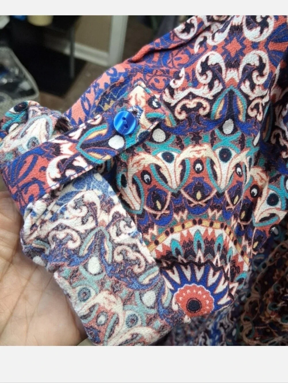 Cupio High Low Paisley Dress Large L Roll-Tab Convertible Sleeve Blue Red Boho - Picture 5 of 11